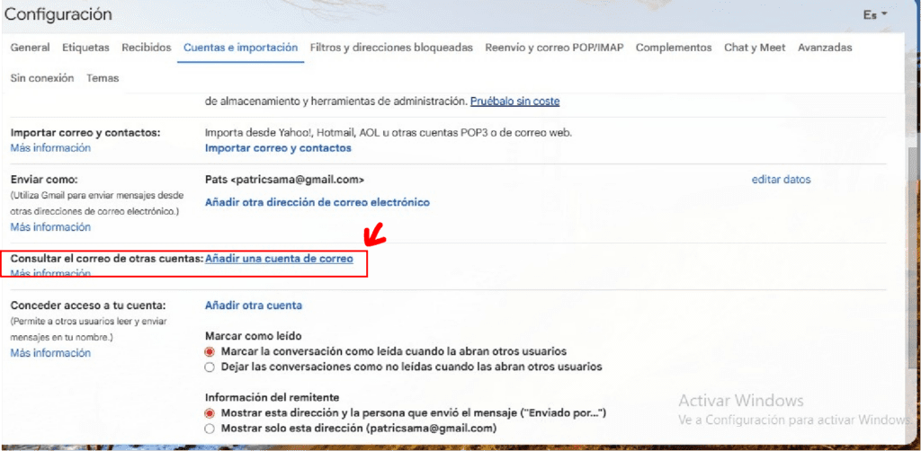 Selecciona Consultar el correo de otras cuentas:
Añadir una cuenta de correo